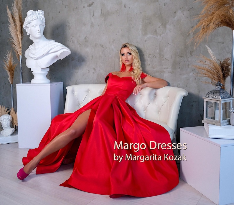 Red Satin Corset Gown: Off-Shoulder Formal Dress, High Slit image 5