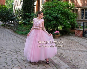 Pink Floral Lace Crop Top and Tulle Tutu Prom Dress - Etsy