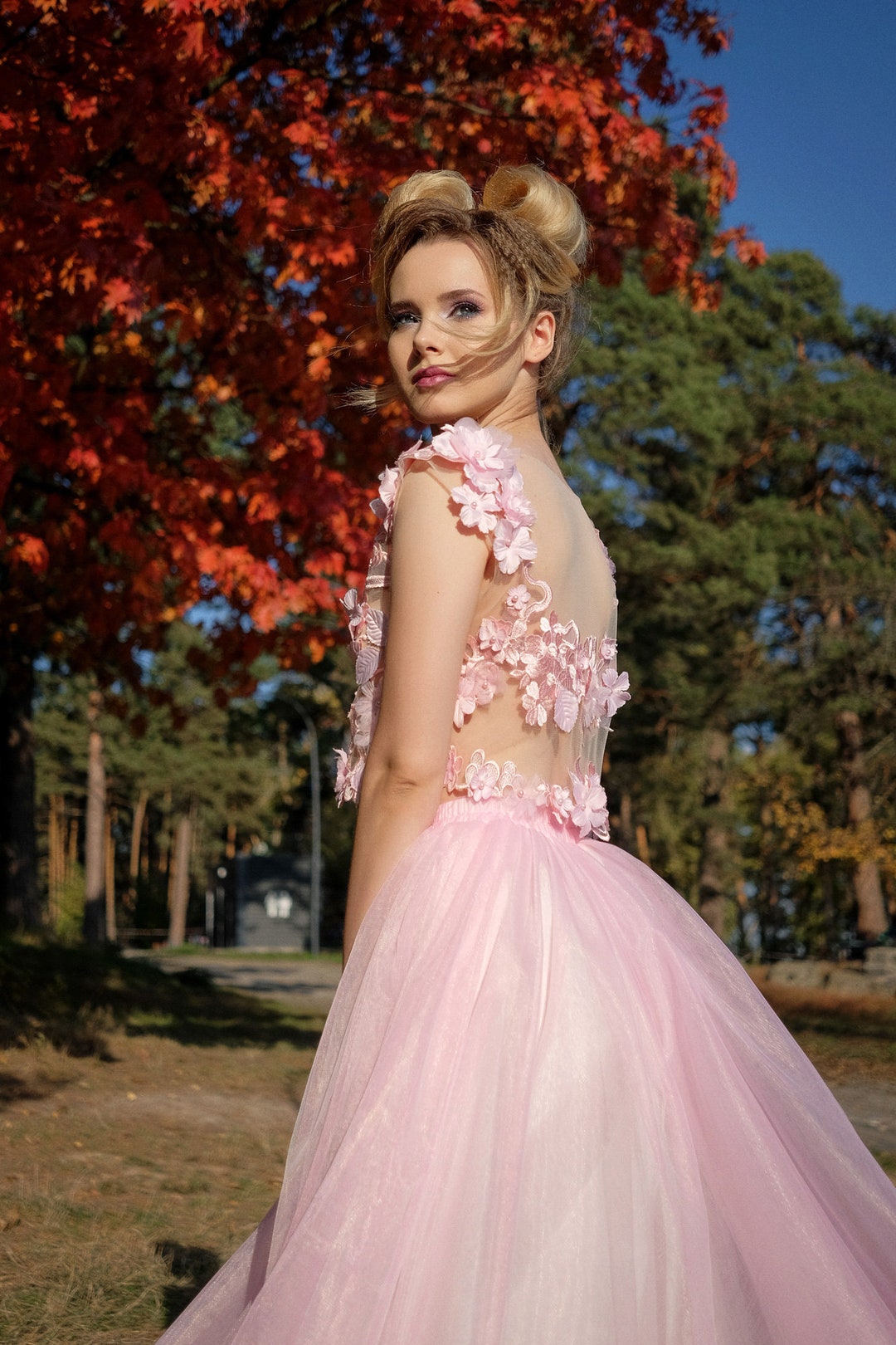 Pink Floral Crop Top With 3D Flowers and Tulle Tutu Skirt. Long