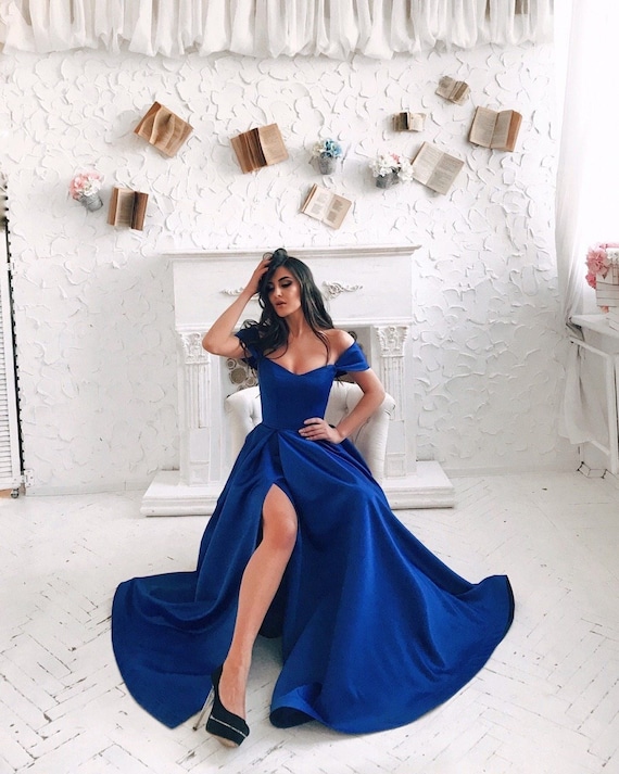 Mermaid V-Neck Long Royal Blue Satin Prom Dress Party Dress – Pgmdress
