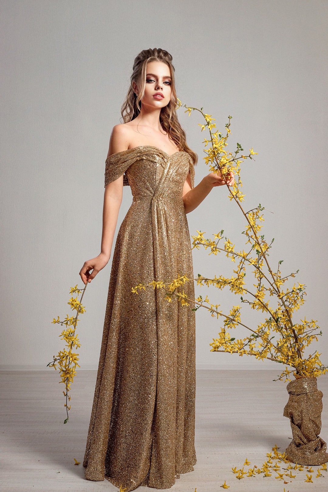 Off the Shoulder Gold and Silver Ombre Sequins Formal Dress – Dreamdressy
