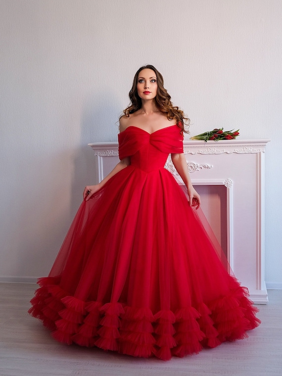 Red Tulle Ball Gown. Wedding Dress With Lace-up Corset. Custom Formal off  the Shoulder Long Evening Prom Dress. -  Canada