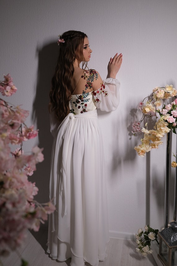 Floral chiffon long sleeves prom dress. Custom blush elven wedding dress.  Unigue goddess flowy embroidered lace-up corset formal dress.