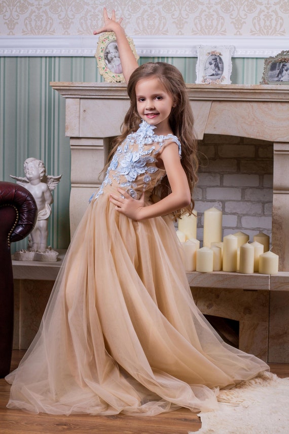 Beige tulle blue floral lace flower girl Princess pageant toddler  ball Birthday party fairy kids