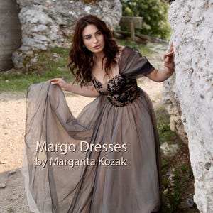 Gothic ombre black and beige tulle wedding dress. Evening floral prom dress with high slit. Formal lace up corset off the shoulder gown.