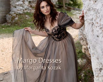 Gothic ombre black and beige tulle wedding dress. Evening floral prom dress with high slit. Formal lace up corset off the shoulder gown.
