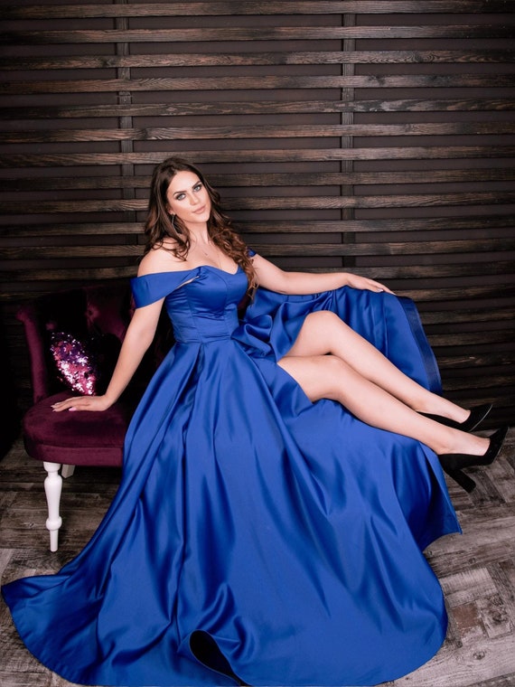 Blue Satin Evening Prom Dress deep Ocean. Lace up Corset and High Slit Bridesmaid Dress. Custom Formal Wedding Guest Dress. Etsy Canada