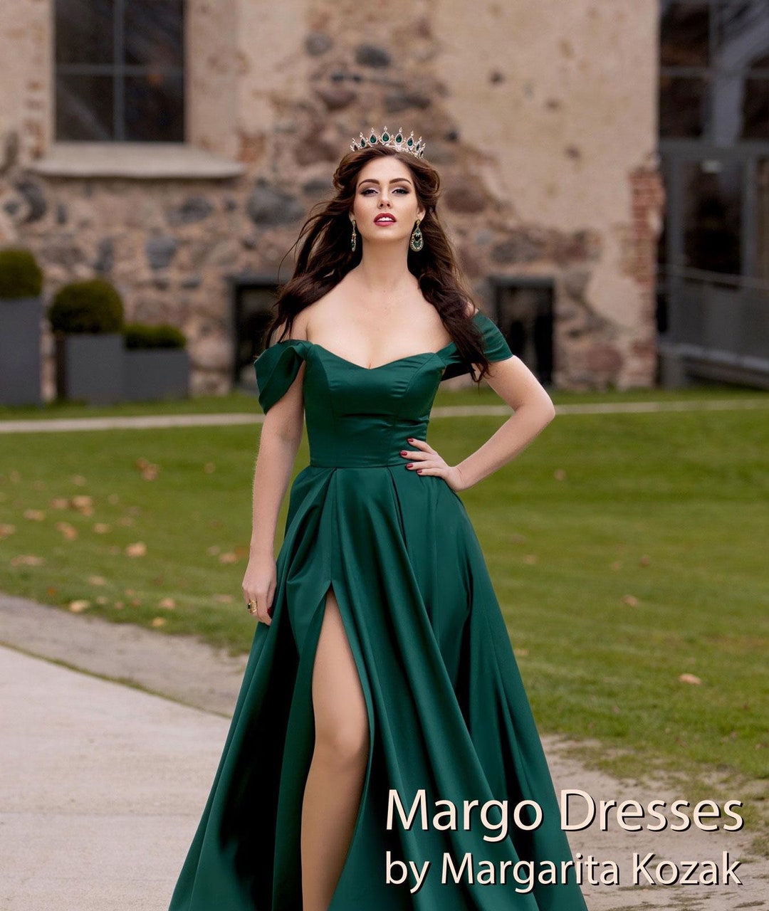 white christmas dresses Dark Green Lace Ball Gown Prom Dresses Off The Shoulder Formal Gowns Dark Green / US4 main image 0