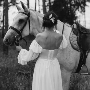 Simple modest long sleeves winter corset wedding dress. Custom flowy boho wedding dress. Unique elven beach wedding hippie dress. image 3