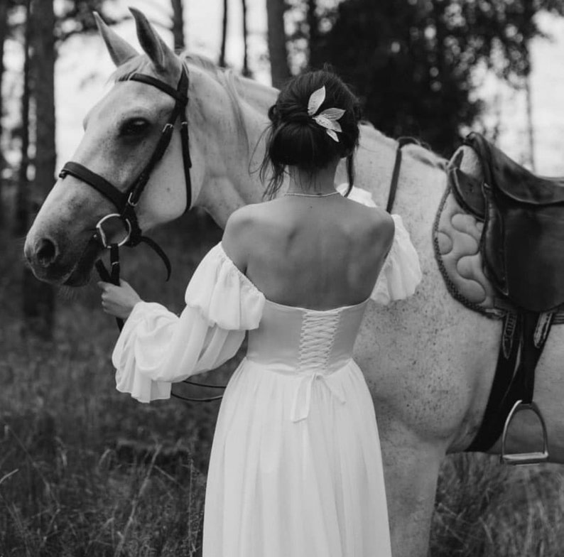 Simple modest long sleeves winter corset wedding dress. Custom flowy boho wedding dress. Unique elven beach wedding hippie dress. image 3