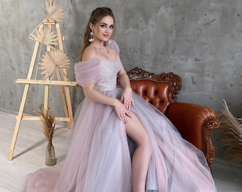 Fairy ombre tulle wedding dress with floral glitter lace-up corset. Unique transformer 2 in 1 formal prom dress with long train. Ball gown.