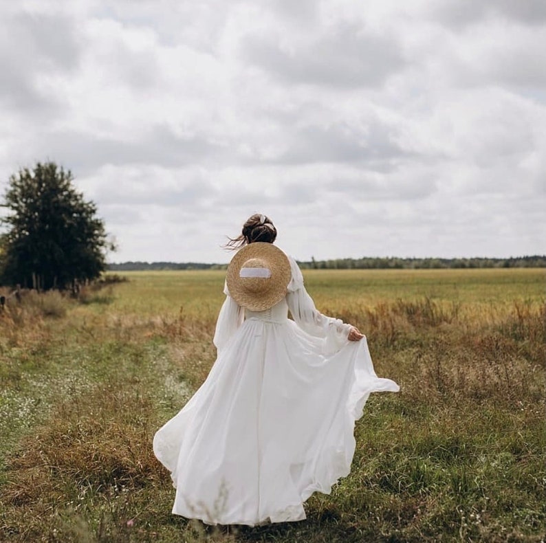 Simple modest long sleeves winter corset wedding dress. Custom flowy boho wedding dress. Unique elven beach wedding hippie dress. image 6