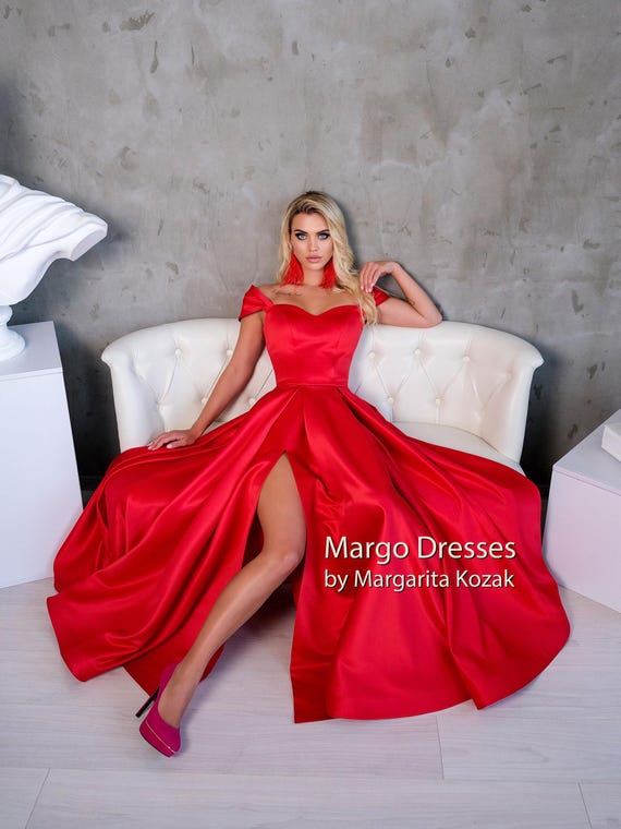 Red Satin Corset Gown: Off-Shoulder Formal Dress, High Slit