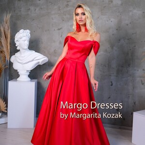 Red Satin Corset Gown: Off-Shoulder Formal Dress, High Slit image 2
