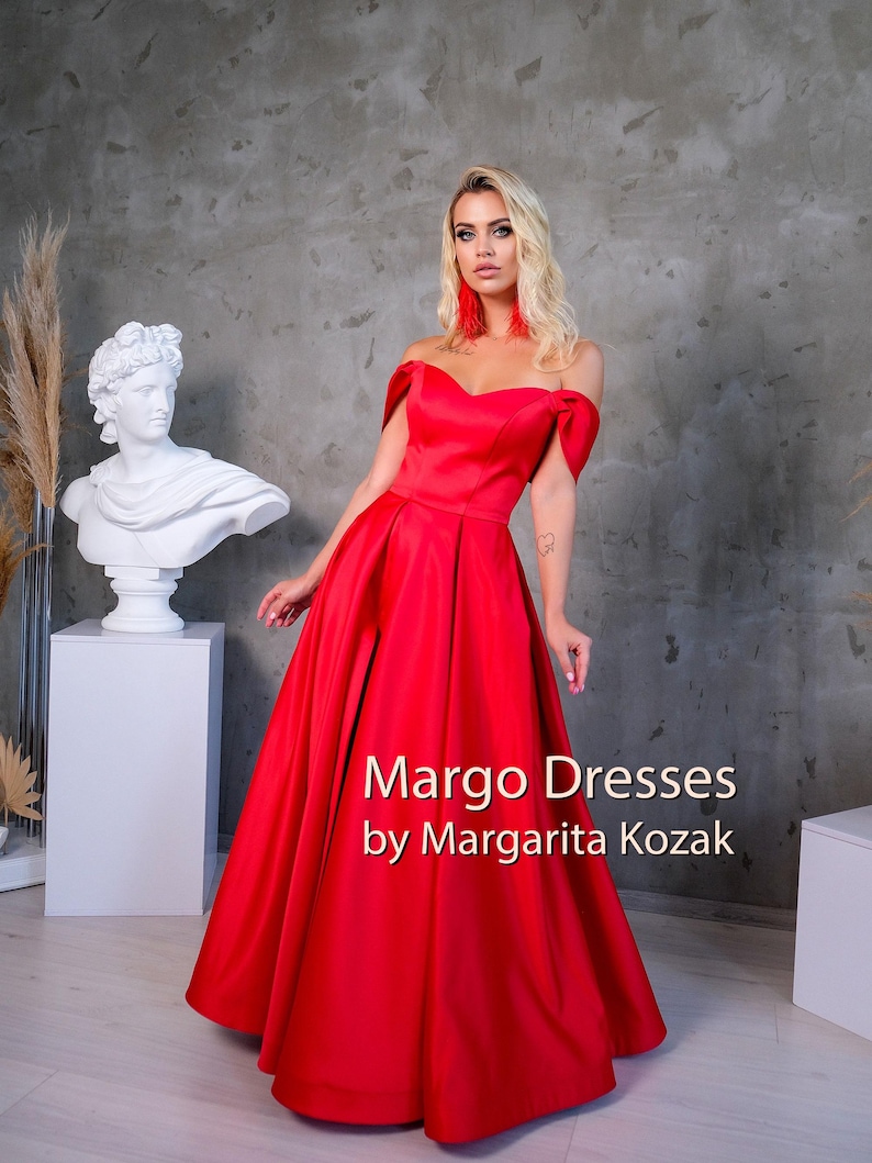 Red Satin Corset Gown: Off-Shoulder Formal Dress, High Slit image 2