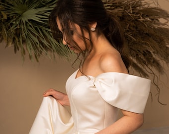 Ivory satin lace-up corset wedding dress. Simple off shoulder white wedding dress with a high slit. Modern A line bridal dress.