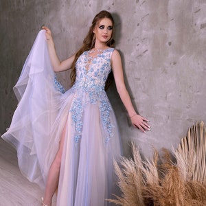 Ombre Light Blue and Beige Tulle Floral Wedding Dress With 3D Flowers ...