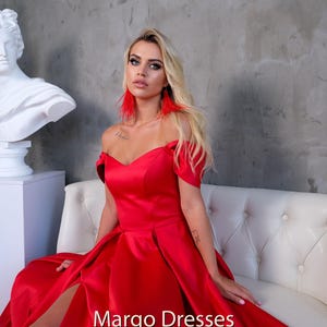 Red Satin Corset Gown: Off-Shoulder Formal Dress, High Slit image 9