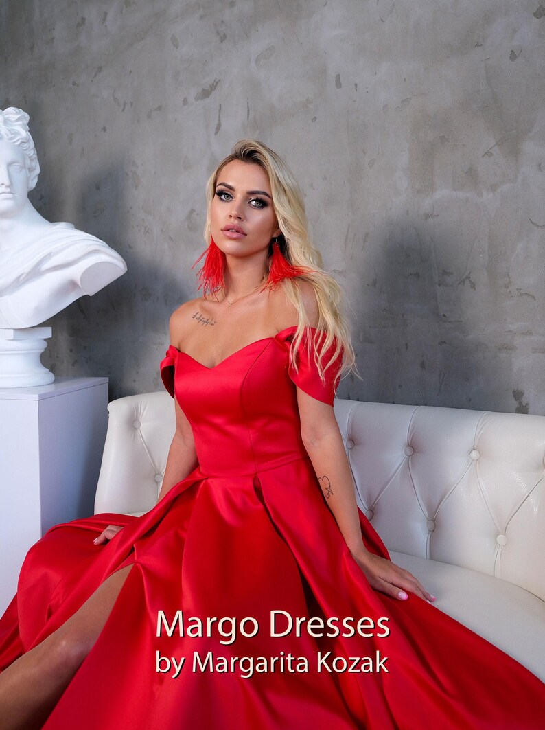 Red Satin Corset Gown: Off-Shoulder Formal Dress, High Slit image 9