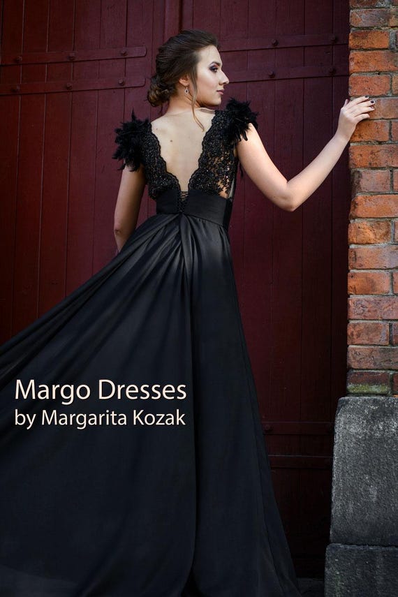 gothic chiffon dress Gothic Black Prom Dress: Deep V-neck, Feather Shoulders, Chiffon Gown