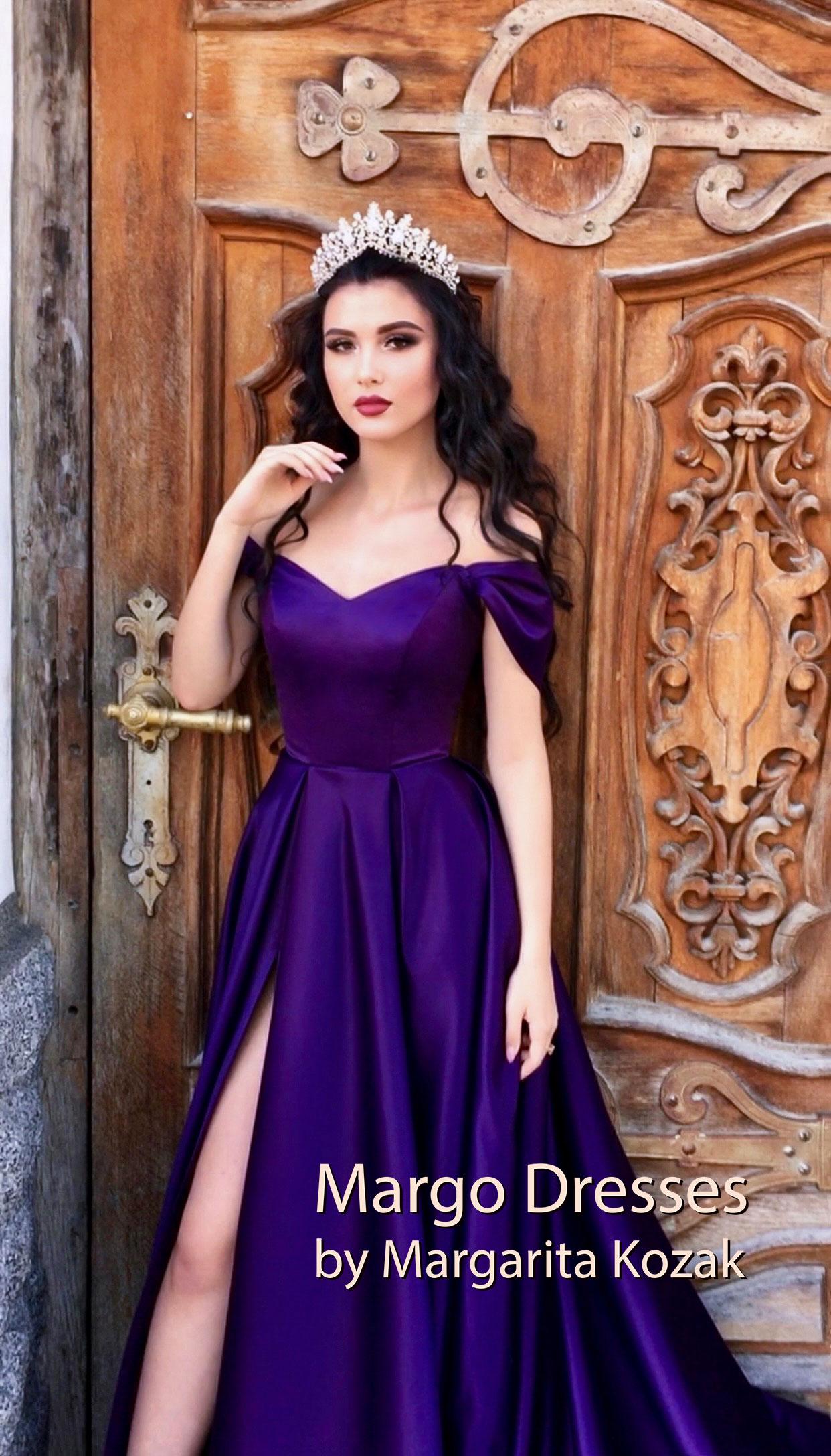 Purple Satin Corset Prom Dress, Off Shoulder Formal Gown