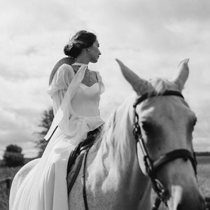 Simple modest long sleeves winter corset wedding dress. Custom flowy boho wedding dress. Unique elven beach wedding hippie dress. image 4