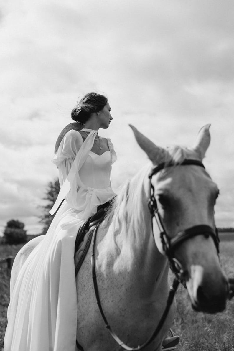 Simple modest long sleeves winter corset wedding dress. Custom flowy boho wedding dress. Unique elven beach wedding hippie dress. image 4