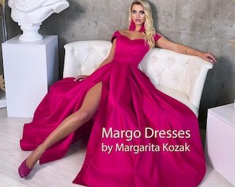 Fuchsia Satin Prom Dress: Off-Shoulder Corset Gown, High Slit