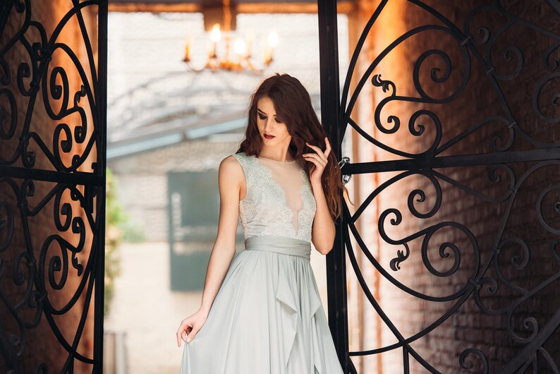 Boho Grey Chiffon Wedding Dress: Floral Lace, Deep V Neck, Train - Etsy