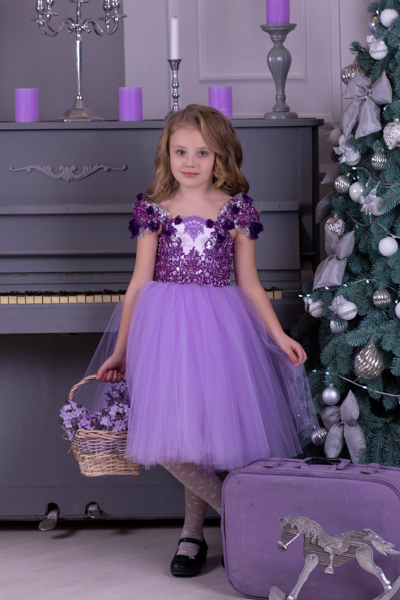 Purple lavender flower girl dress. Fairy birthday dress with tulle tutu skirt. Princess Rapunzel pageant toddler ball gown