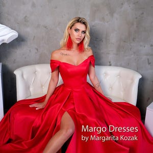 Red Satin Corset Gown: Off-Shoulder Formal Dress, High Slit image 3