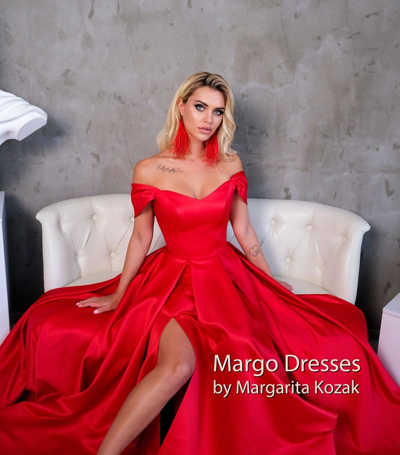 Red Satin Corset Gown: Off-Shoulder Formal Dress, High Slit image 3