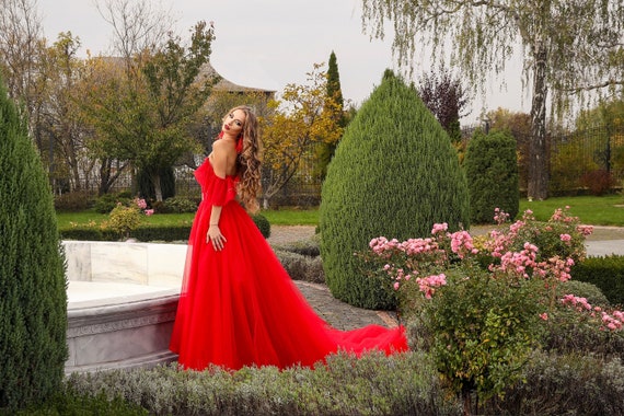 Long train top red dress
