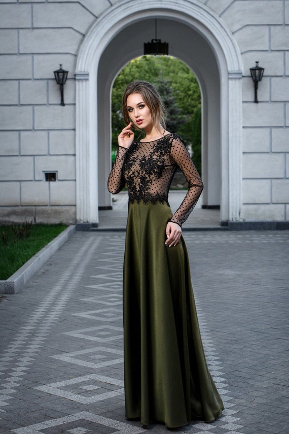 Olive Green Satin Flowy Long Sleeves ...