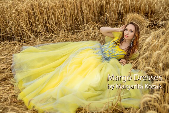 blue and yellow ombre dress Ombre Yellow Tulle Ball Gown, Blue Floral Lace Corset Dress