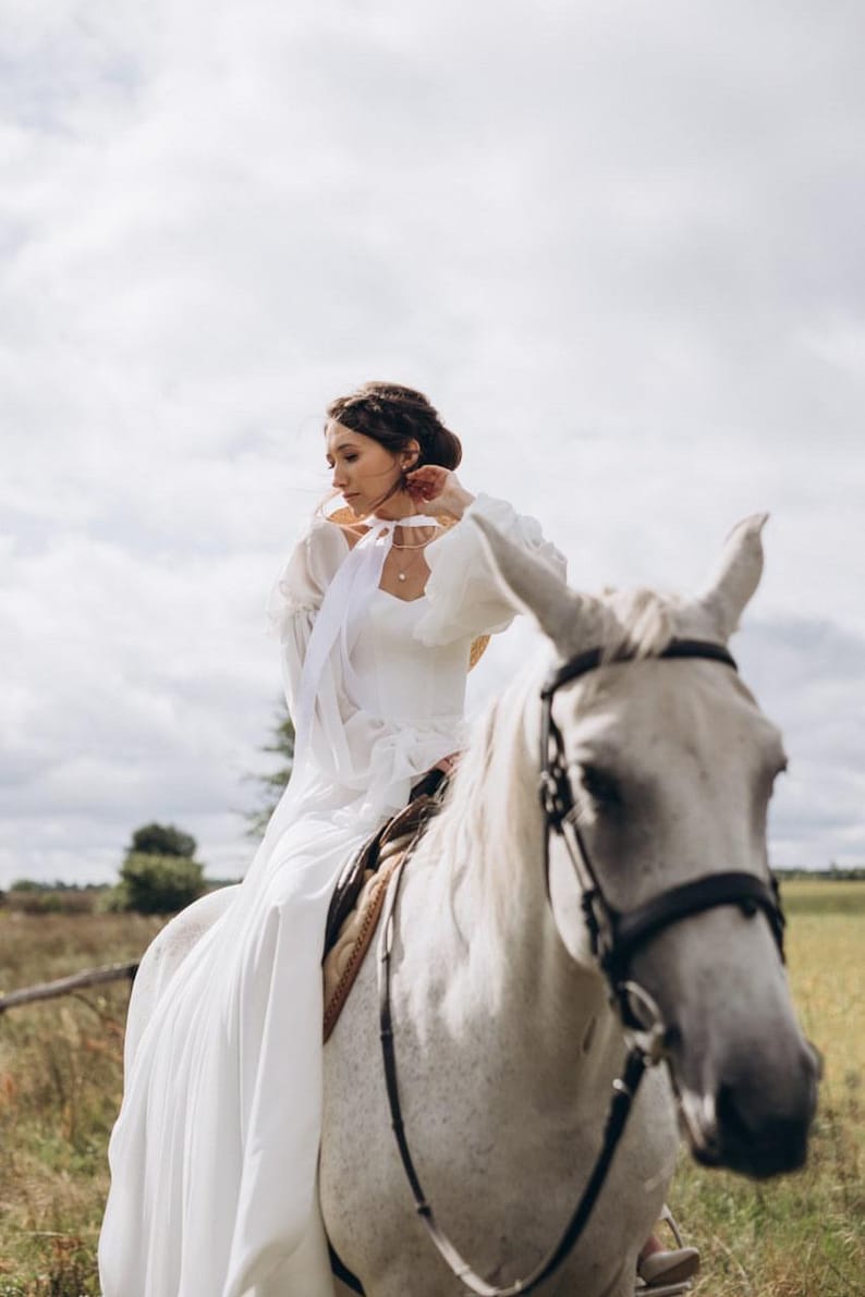 Simple modest long sleeves winter corset wedding dress. Custom flowy boho wedding dress. Unique elven beach wedding hippie dress. image 5