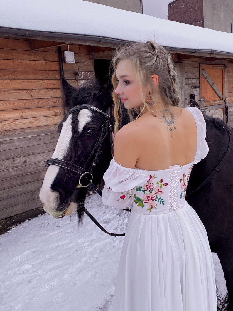 Floral Embroidered Corset Winter Wedding Dress. Elven Goddess Flowy ...
