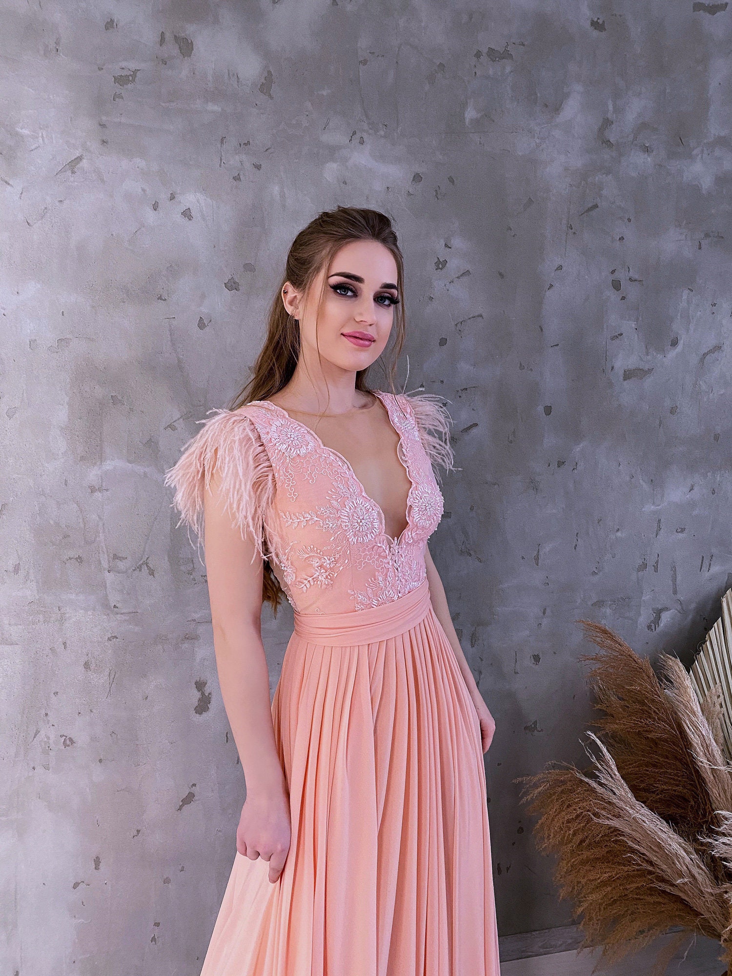Lace Peach Prom Dresses 2022