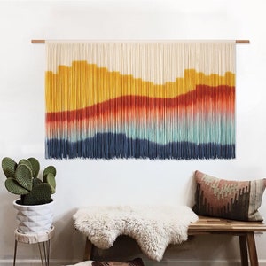 Colorful Macrame Wall Hanging, Sunset Mountain Tapestry Decor, Dyed Wall Art, Handmade Woven Wall Hanging, Boho Macrame Headboard
