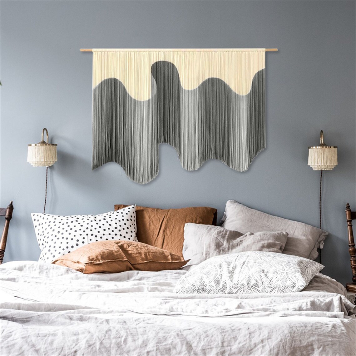 Large Grey Macrame Wall Hanging Dyed Gray Macrame Decor Boho Etsy