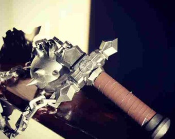 May include: A silver-colored sword with a spiked ball on the end of the chain. The sword has a brown leather grip and a silver metal hilt.