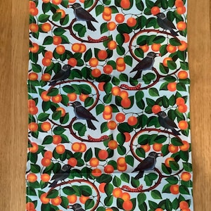 Jackdaws and oranges cotton linen tea towel, high quality bird design tea towel, cotton linen fruit tea towel