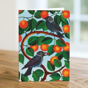 Levendige boskauwenwenskaart: fruit- en vogelwaterverfberichtkaart; briefpapier voor wilde dieren en natuur; Botanisch notitieboekje A6