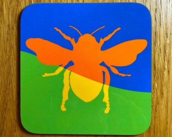 Orange + yellow bee coaster, graphic colourful bee coaster, wooden designer coaster, modern bee coaster, vibrant bee coaster