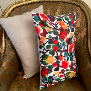 Fruits and birds cushion, poly canvas and cotton floral cushion, designer boho cushion, orchard fruits cushion image 4