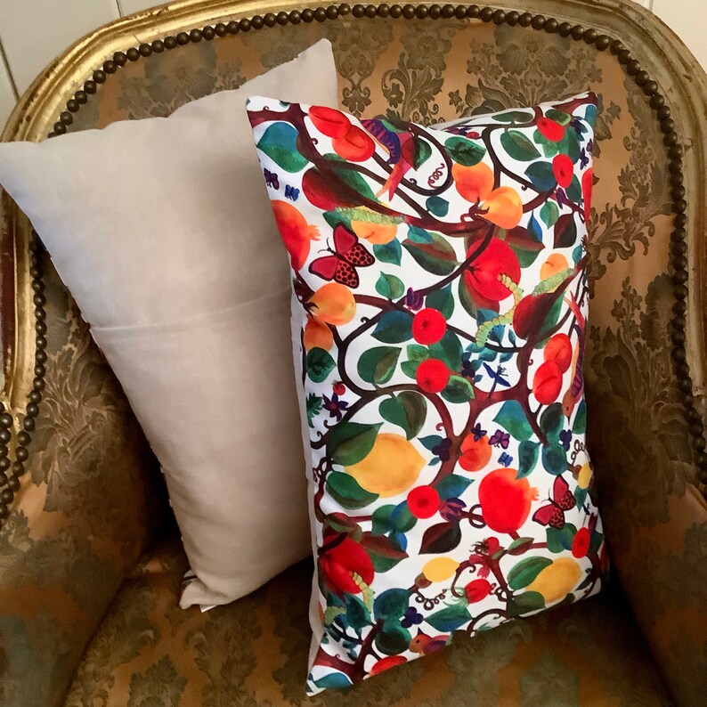 Fruits and birds cushion, poly canvas and cotton floral cushion, designer boho cushion, orchard fruits cushion image 4