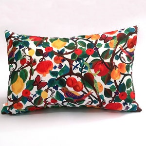 Fruits and birds cushion, poly canvas and cotton floral cushion, designer boho cushion, orchard fruits cushion image 1
