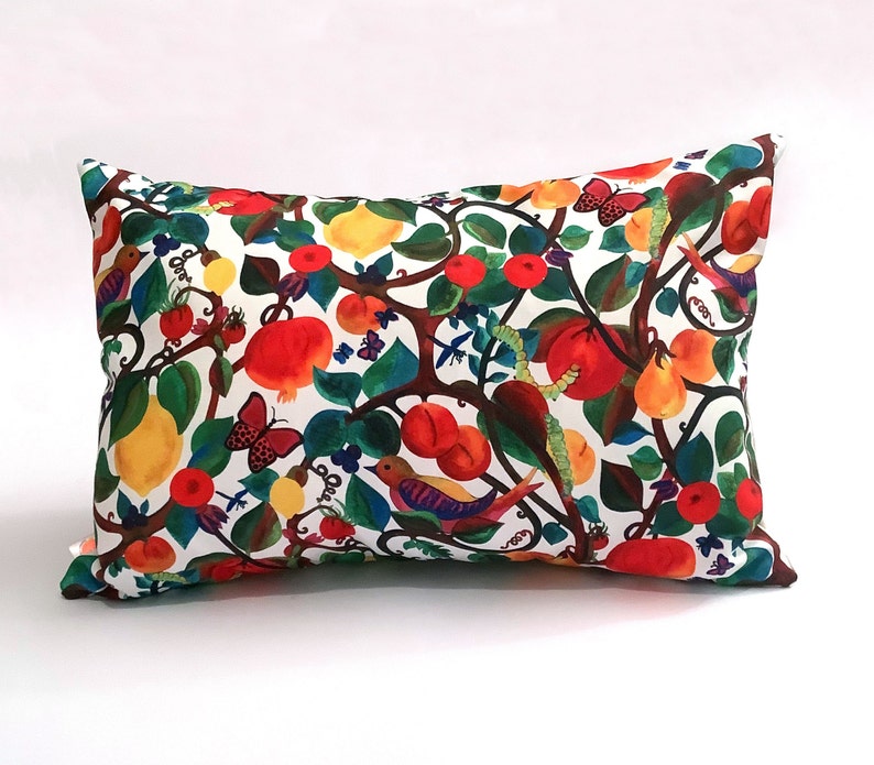 Fruits and birds cushion, poly canvas and cotton floral cushion, designer boho cushion, orchard fruits cushion image 1