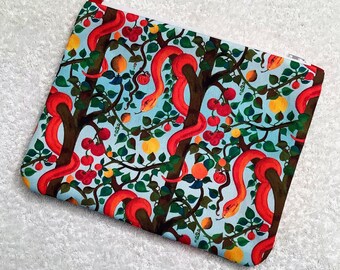 Unique make up bag or pencil case, red snake design, boho design zipper pouch, floral design make up bag