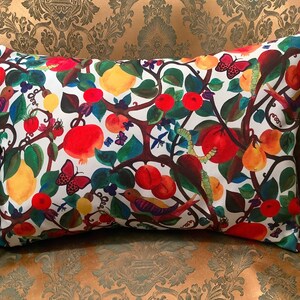 Fruits and birds cushion, poly canvas and cotton floral cushion, designer boho cushion, orchard fruits cushion image 2